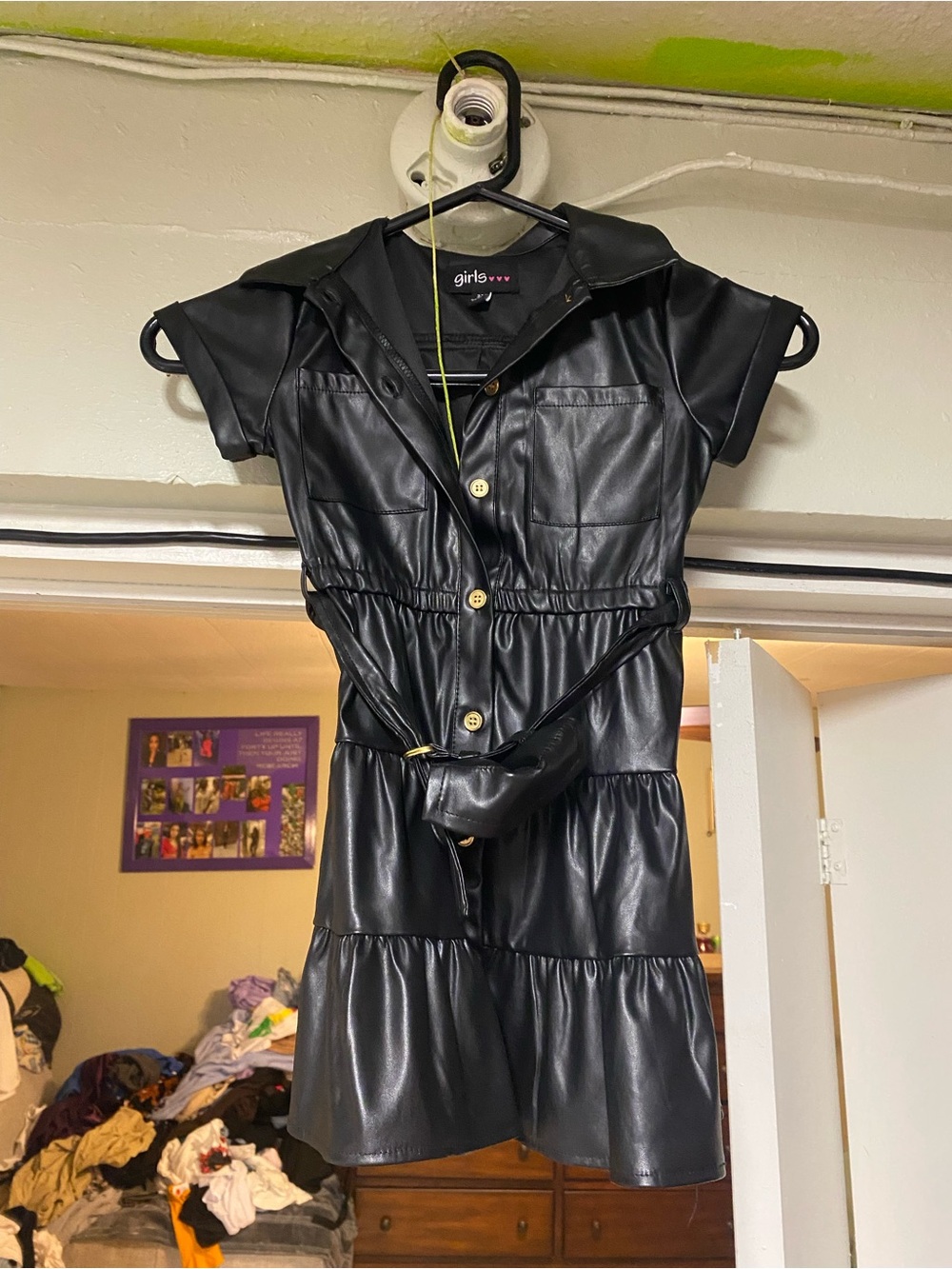 Girls WW Black Faux Leather Tiered Button Dress with Belt Bag